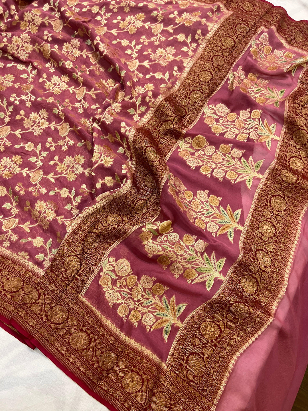 Onion Rangkaat Banarasi Khaddi Georgette Saree - Aura Benaras