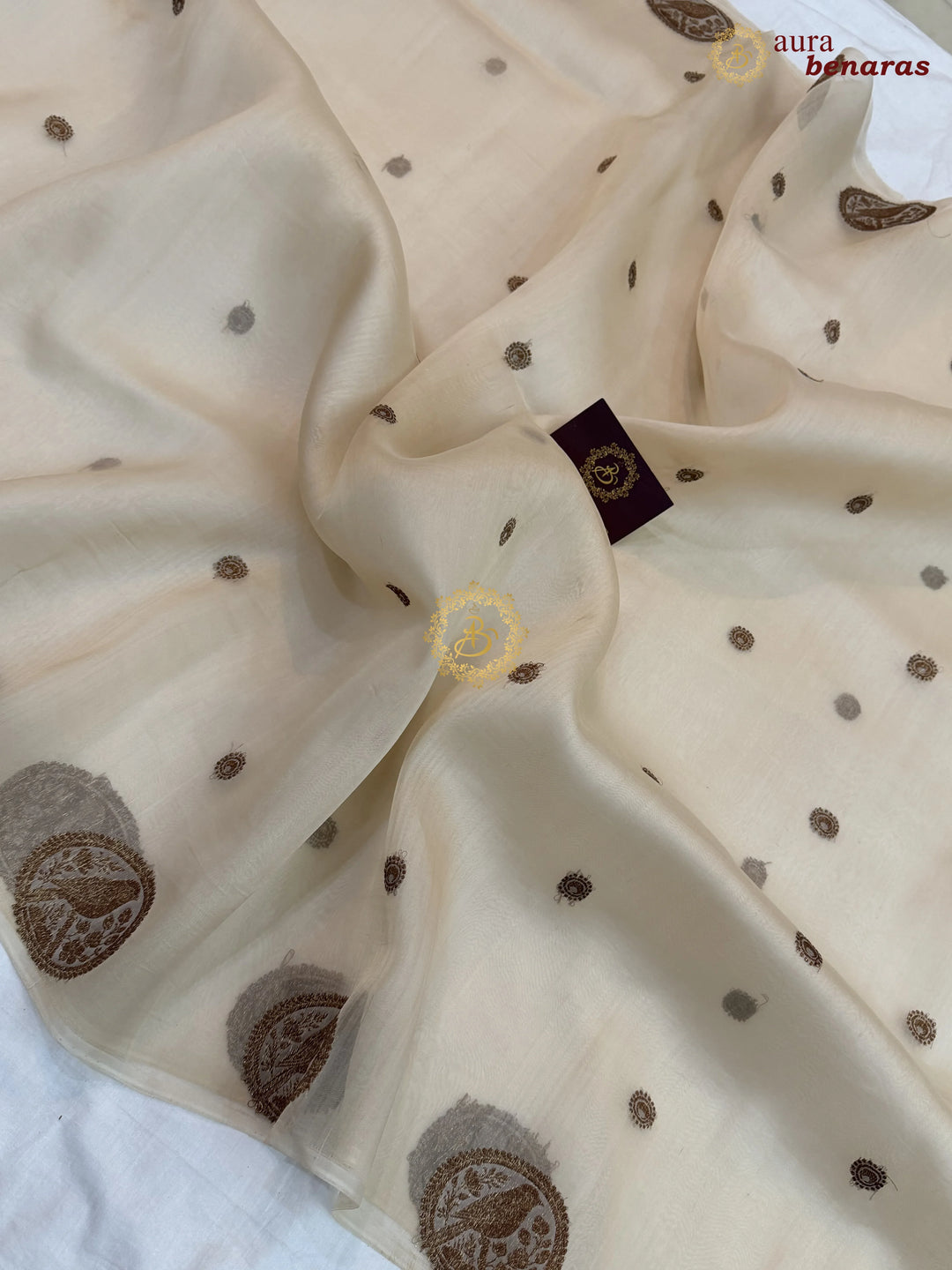 Cream Kora Silk Banarasi Saree with Antique Zari Bird Border