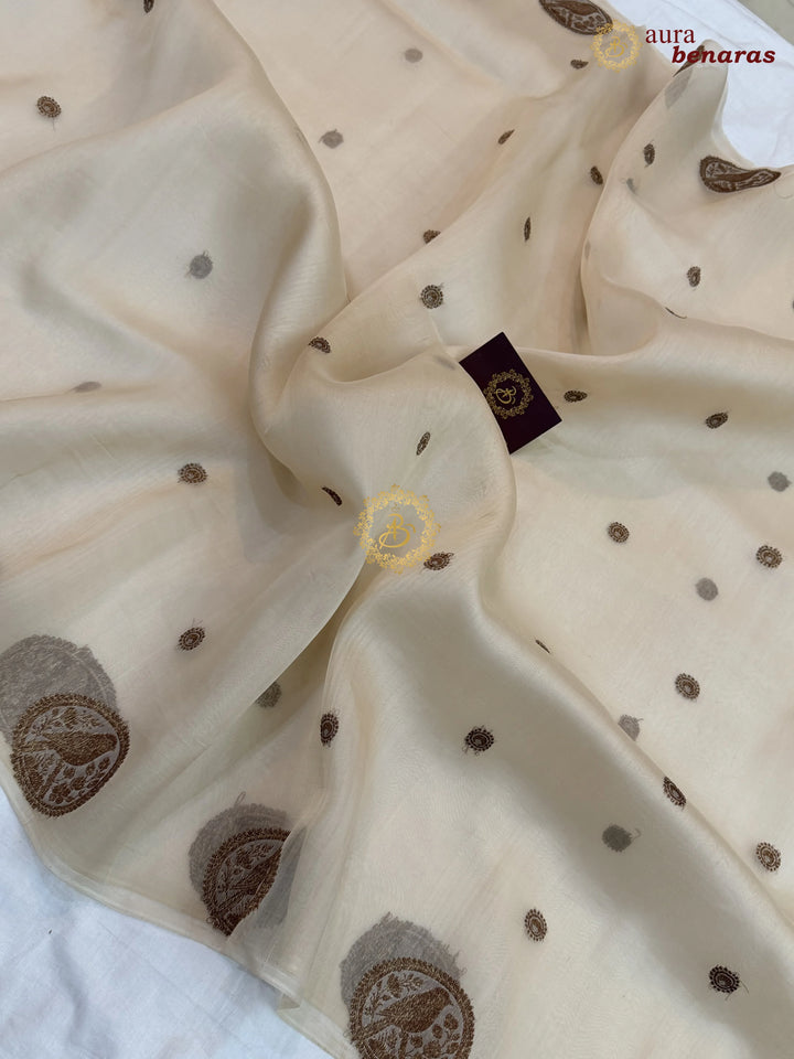 Cream Kora Silk Banarasi Saree with Antique Zari Bird Border