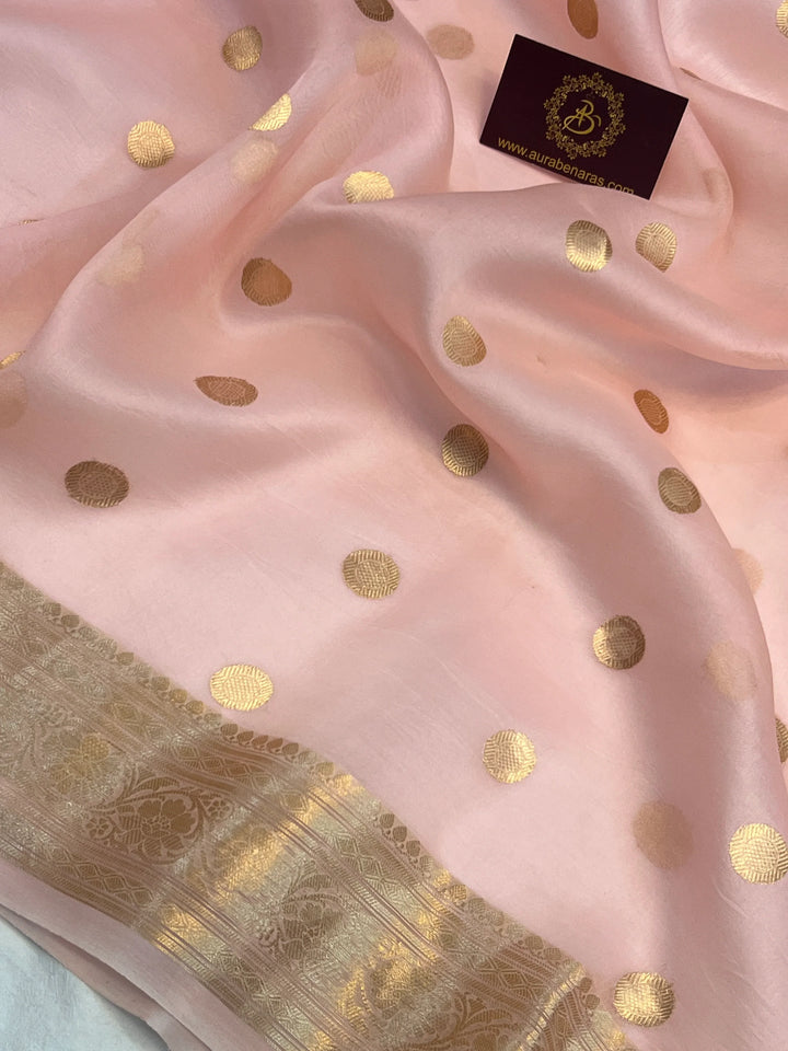 Pastel Peach Banarasi Handloom Kora Silk Saree