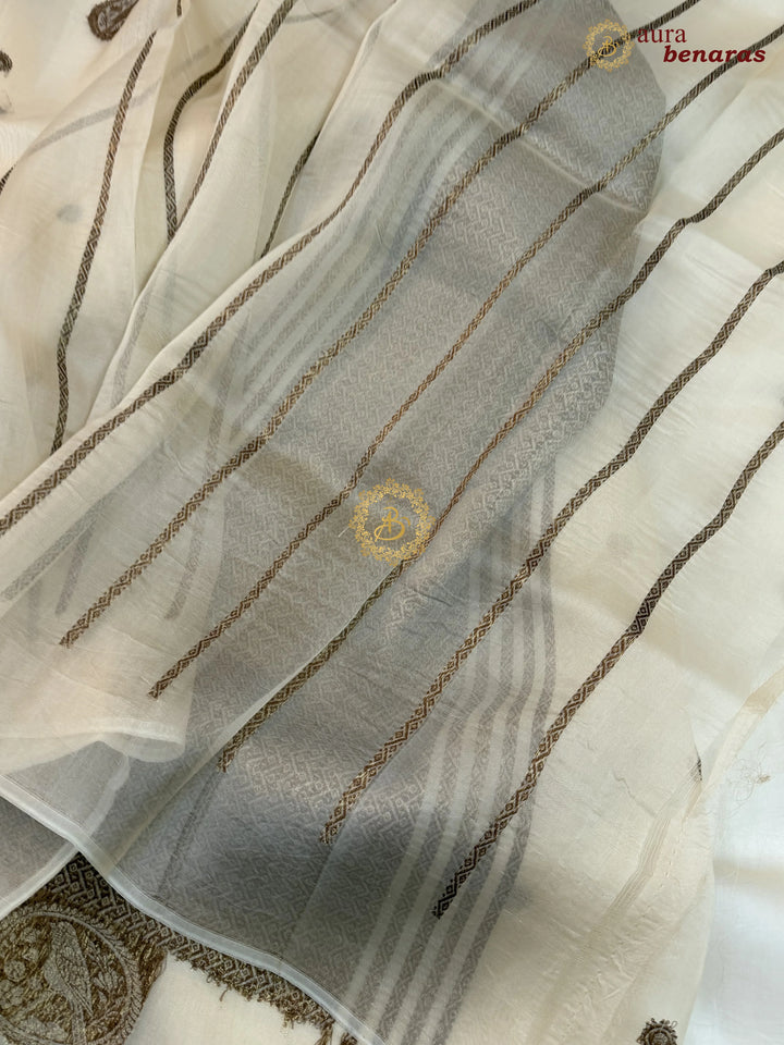 Cream Kora Silk Banarasi Saree with Antique Zari Bird Border