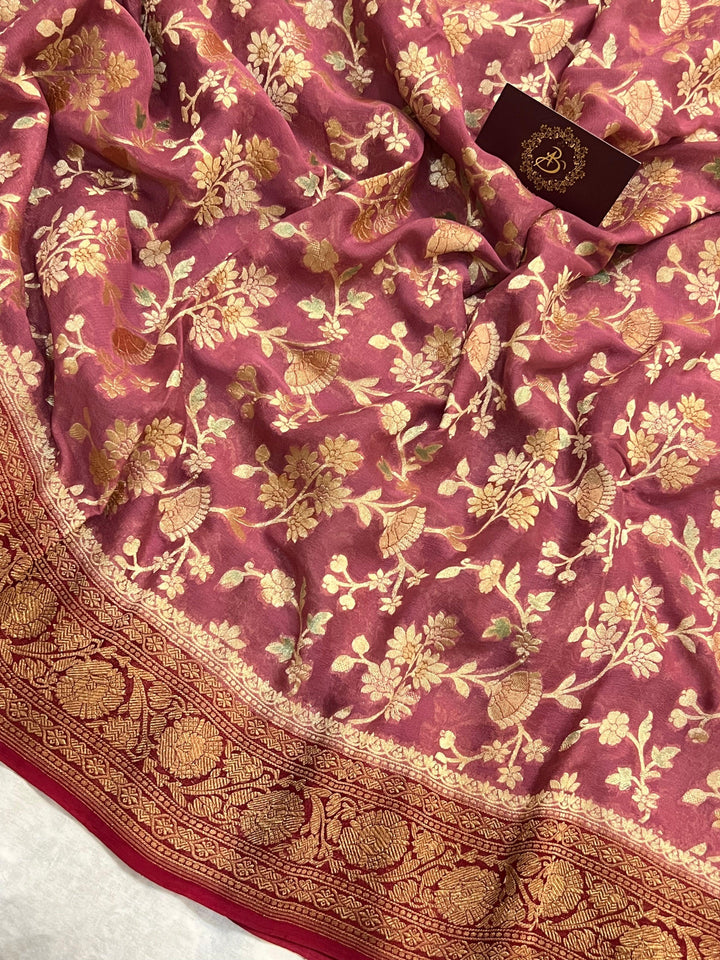 Onion Rangkaat Banarasi Khaddi Georgette Saree - Aura Benaras