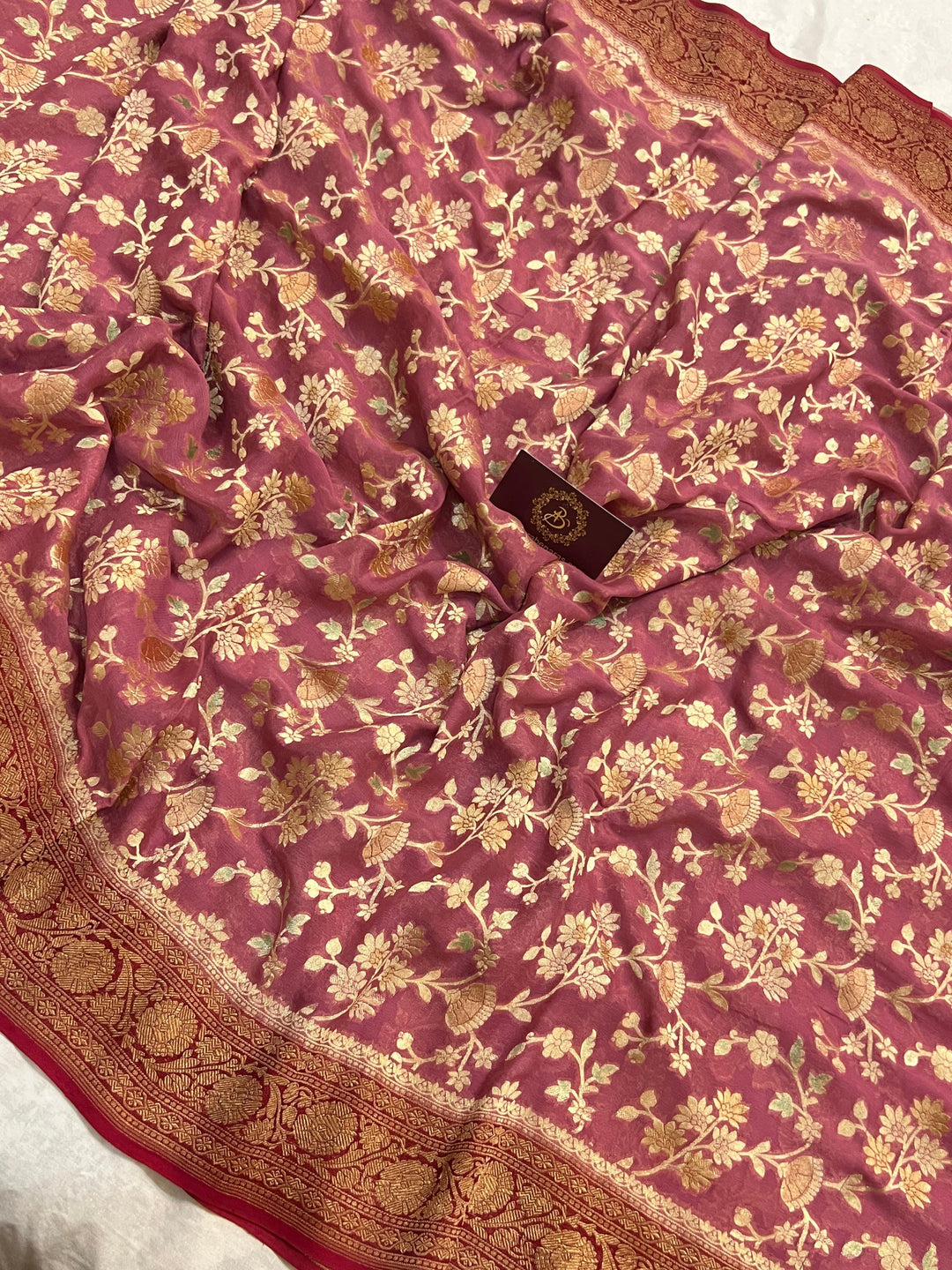 Onion Rangkaat Banarasi Khaddi Georgette Saree - Aura Benaras