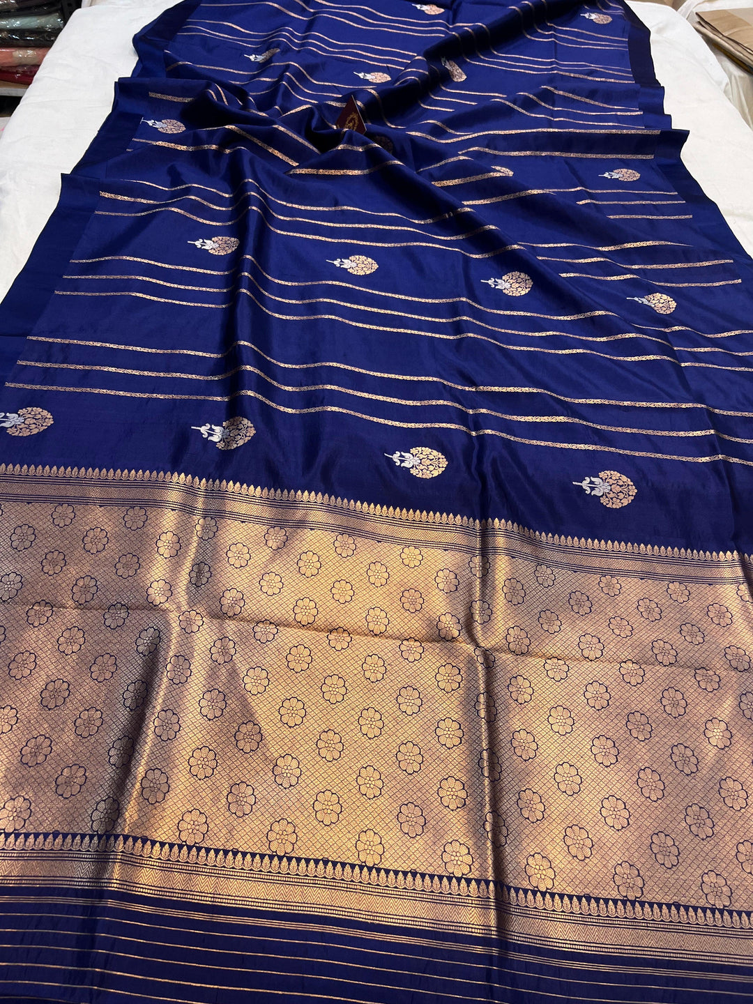 Navy Blue Pure Banarasi Handloom Silk Saree - Aura Benaras