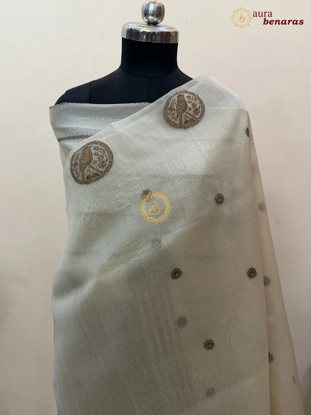 Cream Kora Silk Banarasi Saree with Antique Zari Bird Border