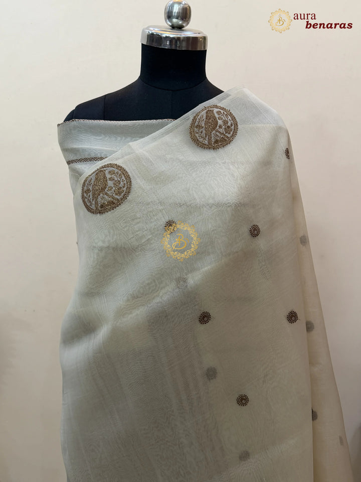 Cream Kora Silk Banarasi Saree with Antique Zari Bird Border