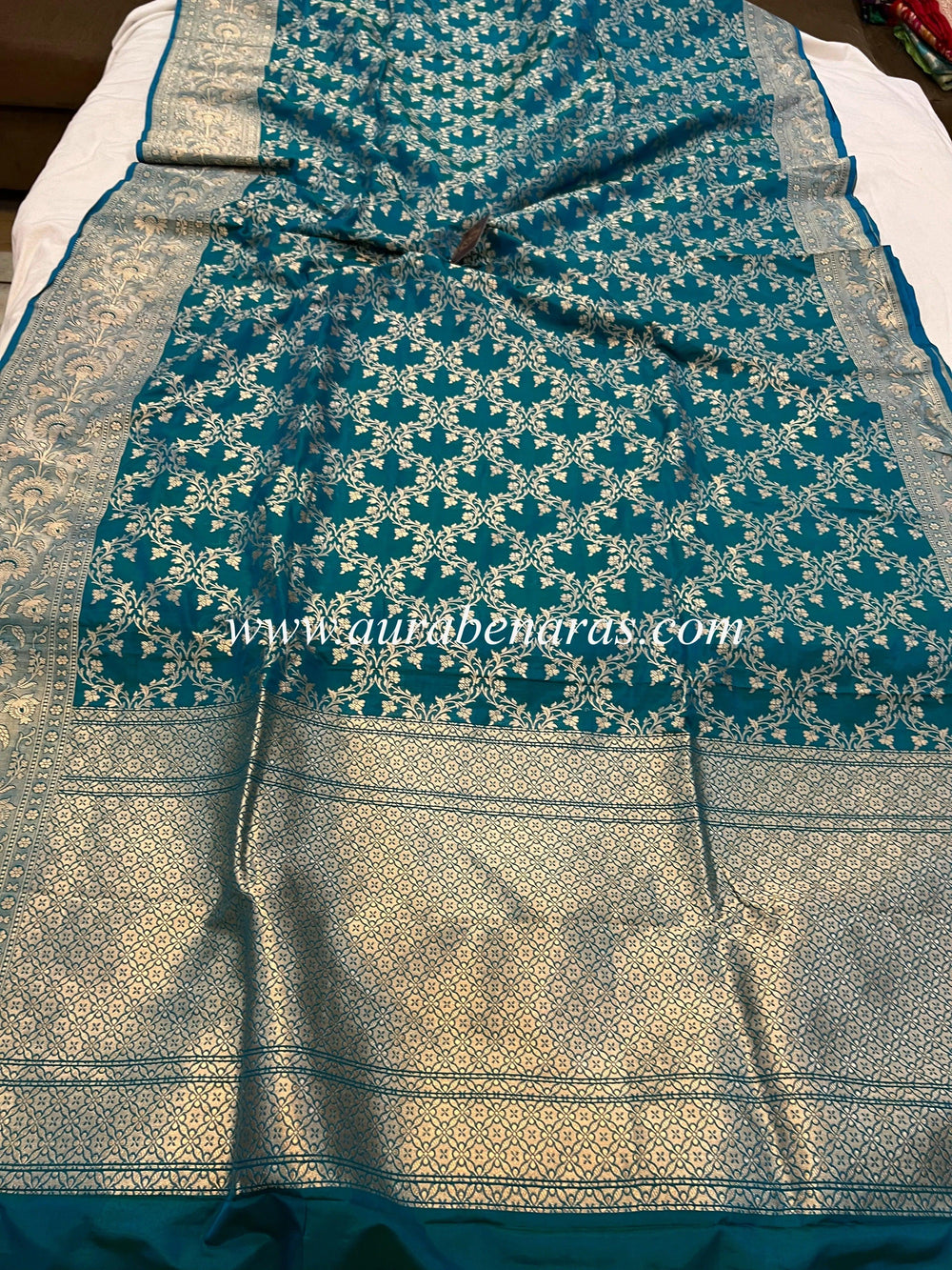 Peacock Blue Pure Banarasi Handloom Katan Silk Saree - Aura Benaras