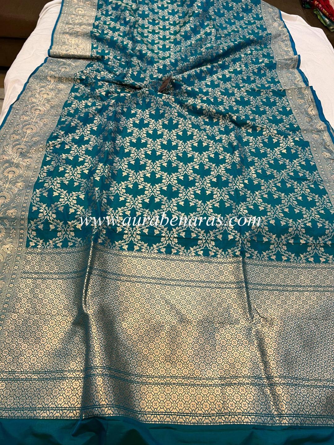 Peacock Blue Pure Banarasi Handloom Katan Silk Saree - Aura Benaras