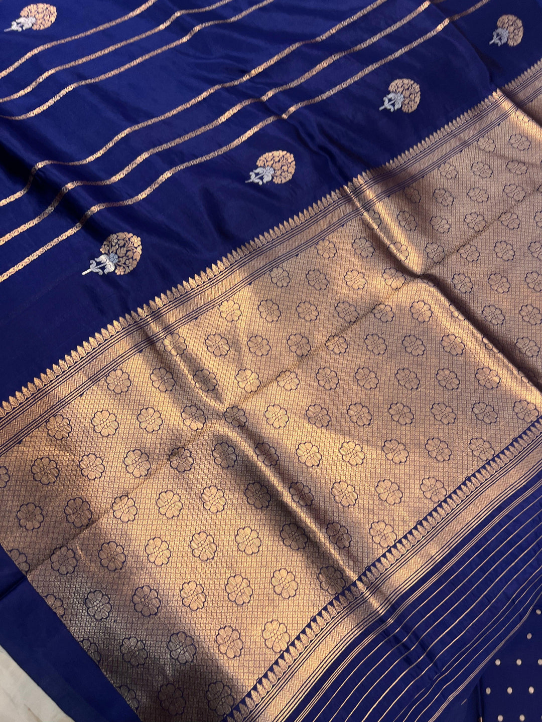 Navy Blue Pure Banarasi Handloom Silk Saree - Aura Benaras
