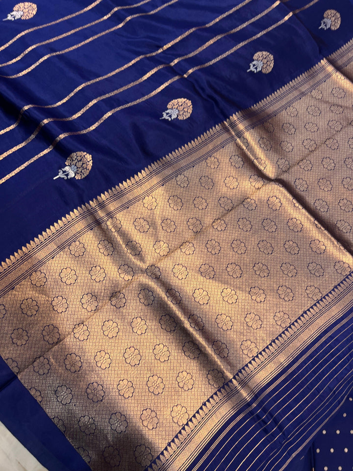 Navy Blue Pure Banarasi Handloom Silk Saree - Aura Benaras