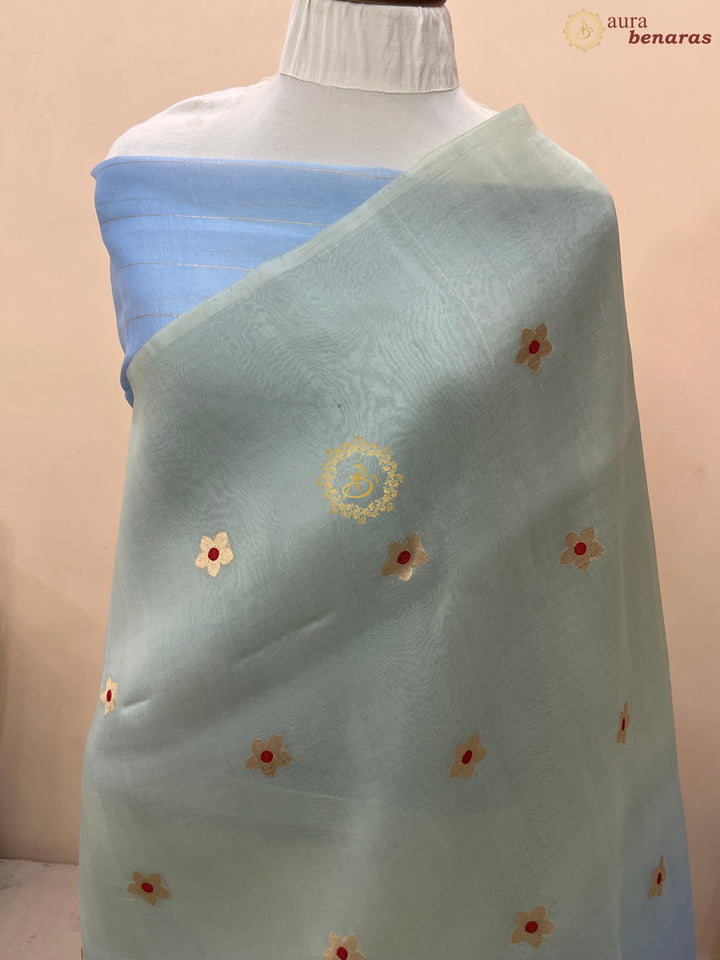 Pastel Green and Blue Shaded Pure Kora Silk Handloom Banarasi Saree