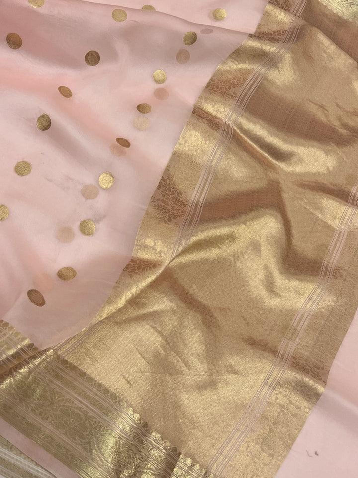 Pastel Peach Banarasi Handloom Kora Silk Saree