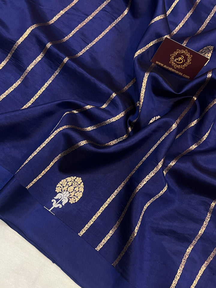 Navy Blue Pure Banarasi Handloom Silk Saree - Aura Benaras