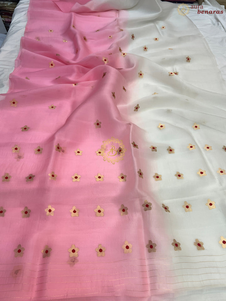 Off White and Pink Shaded Pure Kora Silk Handloom Banarasi Saree