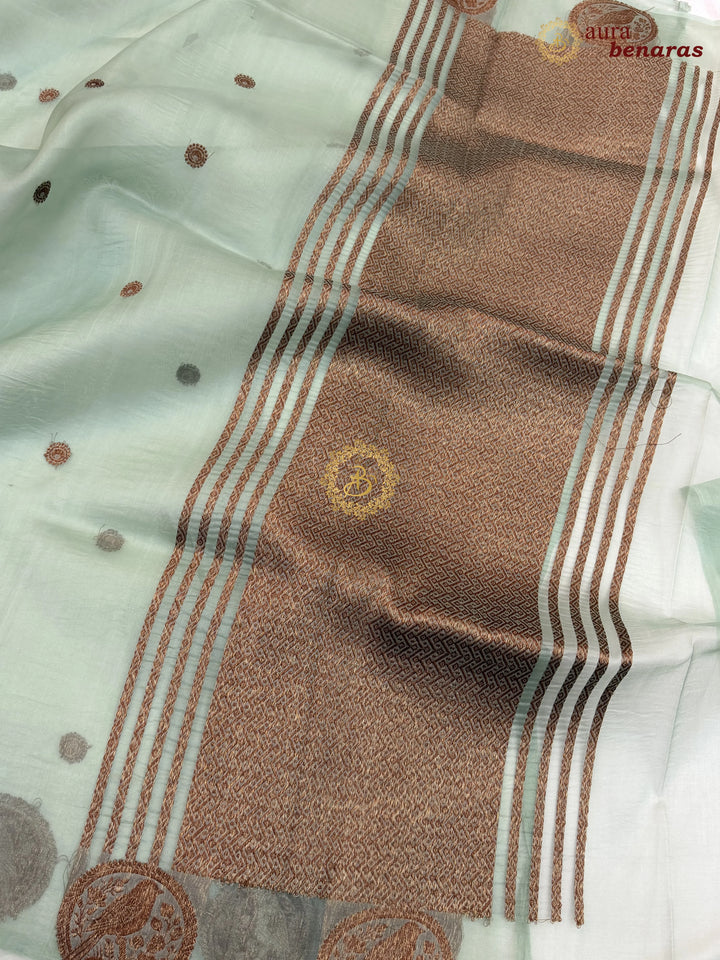 Cream Kora Silk Banarasi Saree with Antique Zari Bird Border