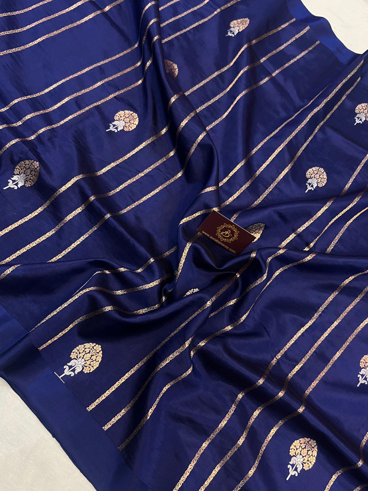 Navy Blue Pure Banarasi Handloom Silk Saree - Aura Benaras