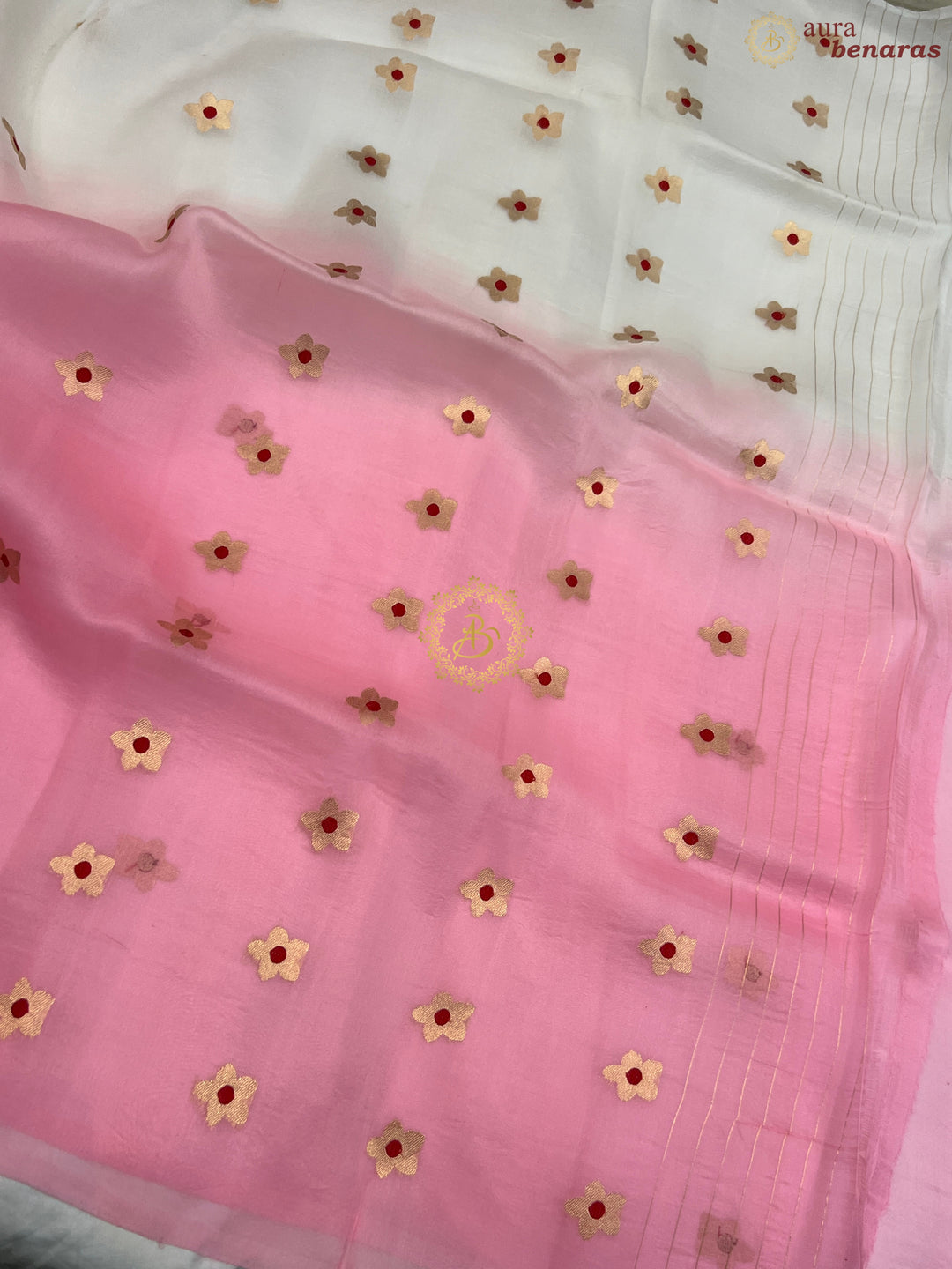 Off White and Pink Shaded Pure Kora Silk Handloom Banarasi Saree