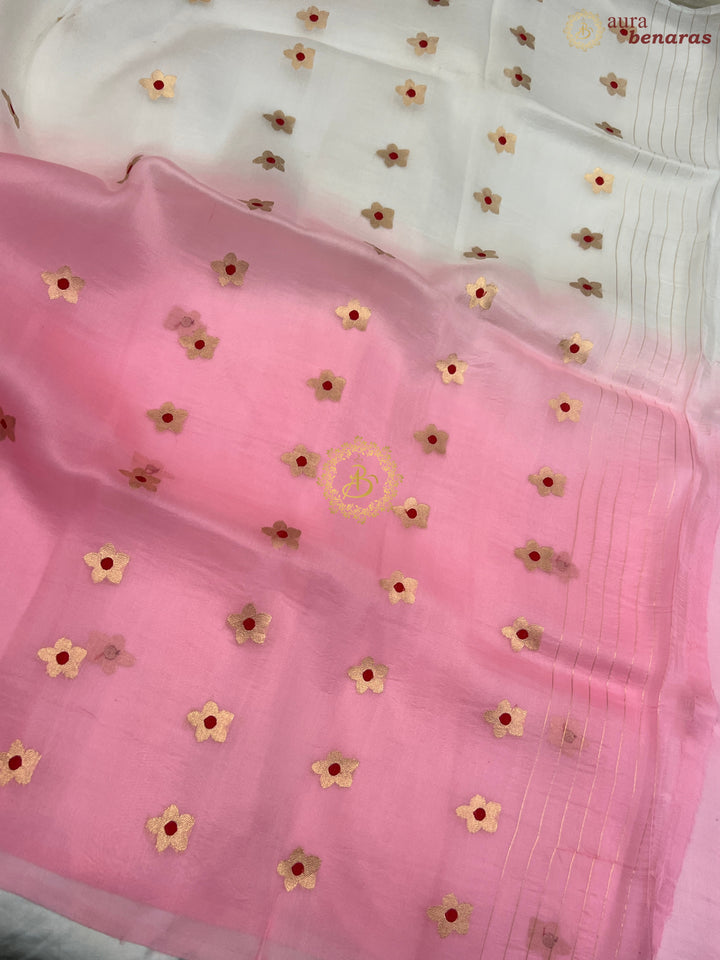 Off White and Pink Shaded Pure Kora Silk Handloom Banarasi Saree