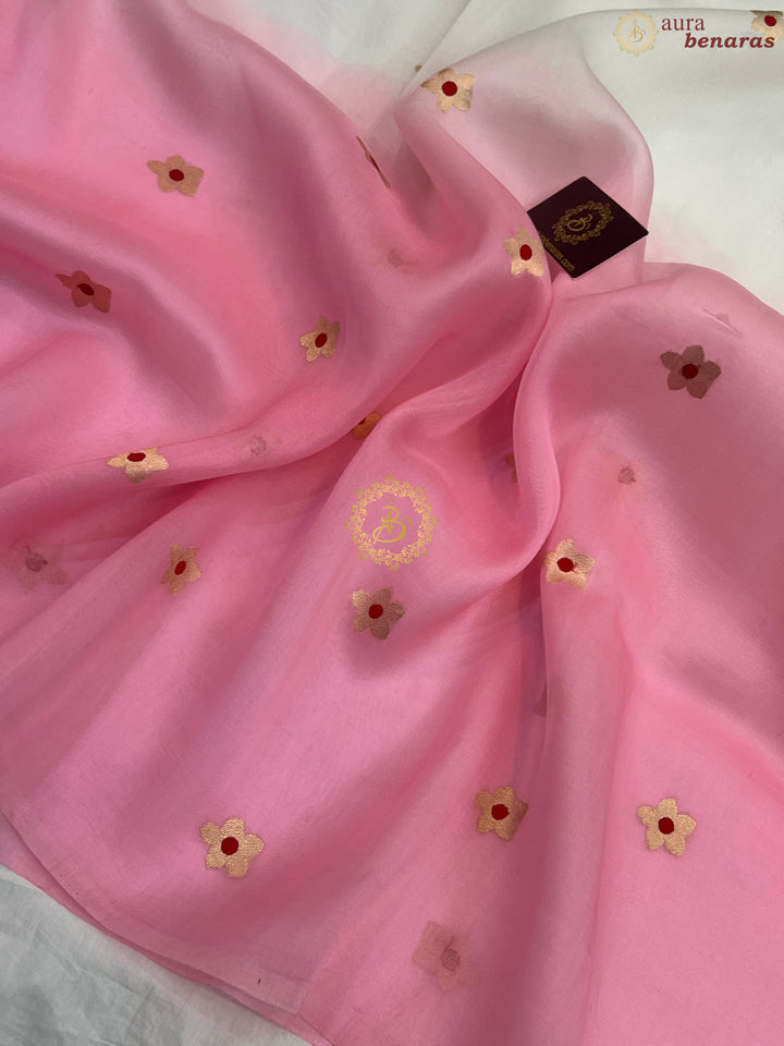 Off White and Pink Shaded Pure Kora Silk Handloom Banarasi Saree
