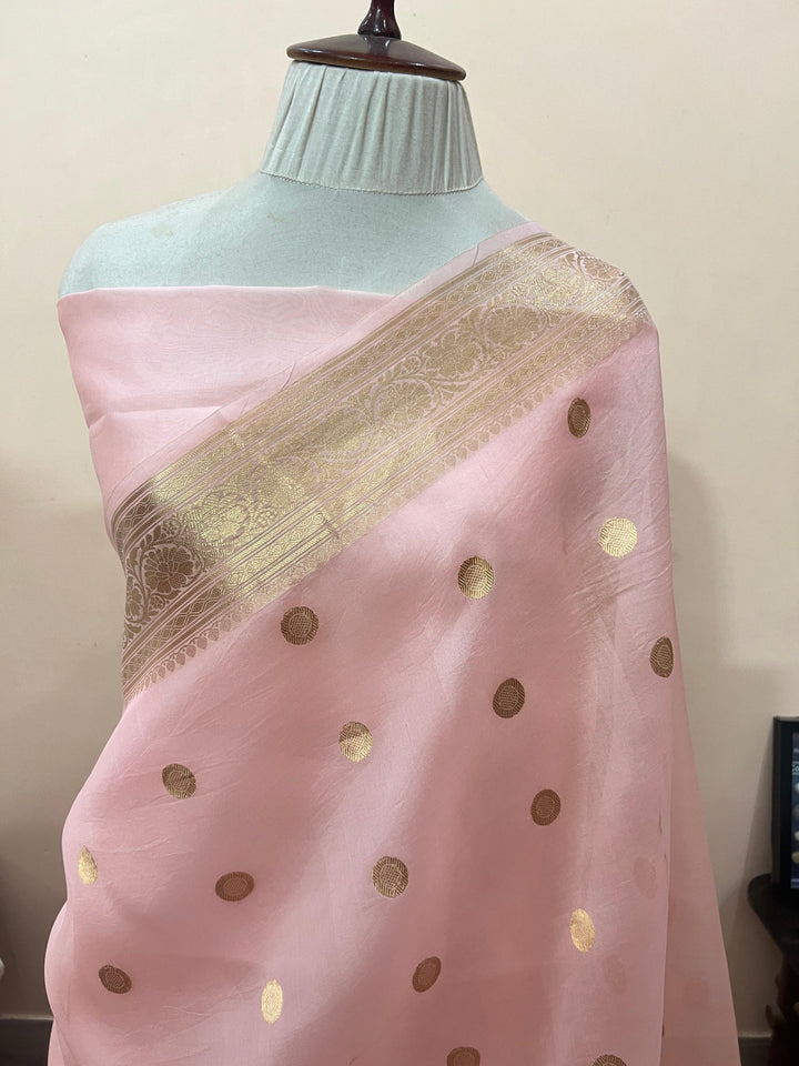 Pastel Peach Banarasi Handloom Kora Silk Saree