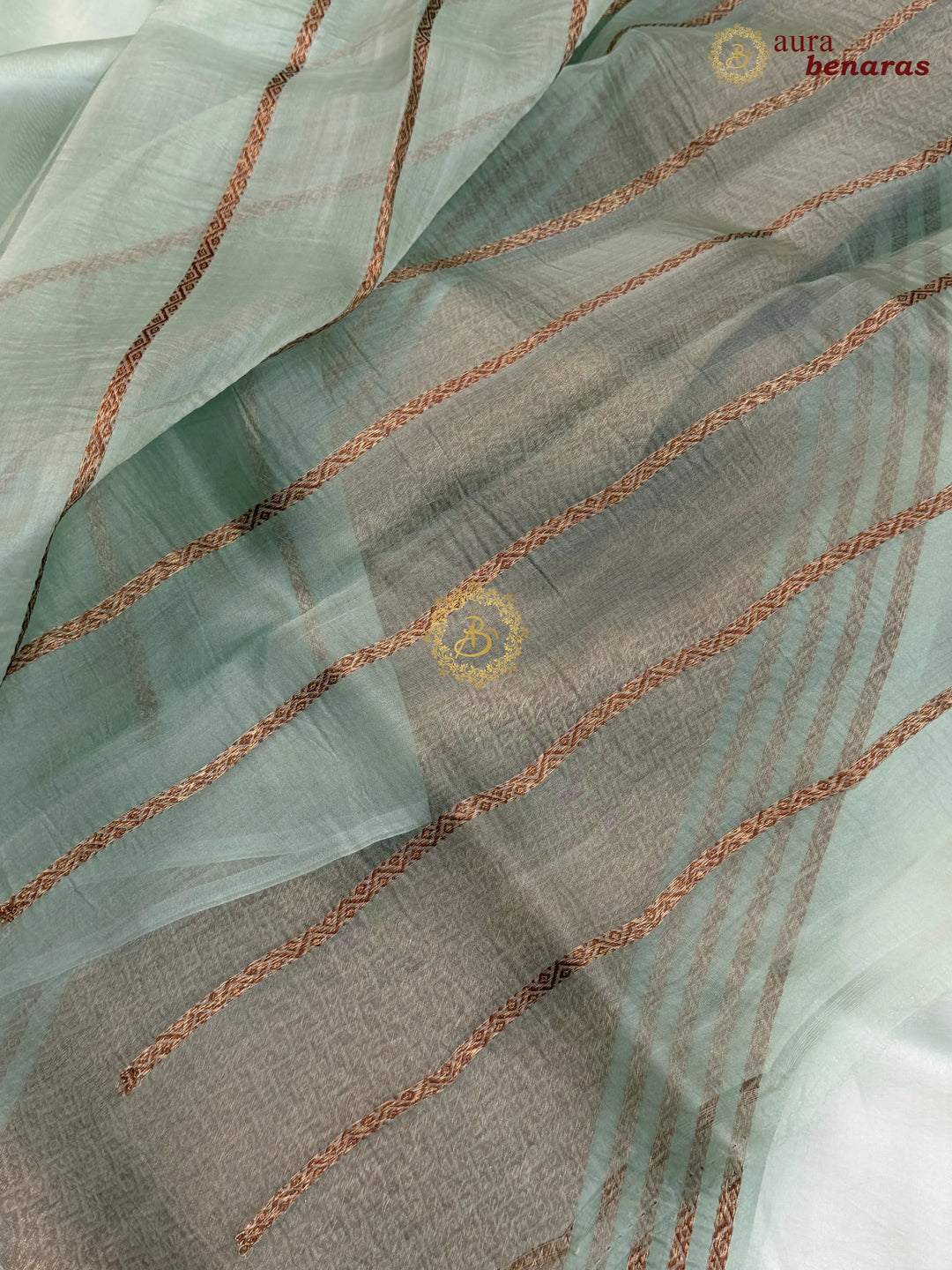 Sage Green Kora Silk Banarasi Saree with Antique Zari Bird Border