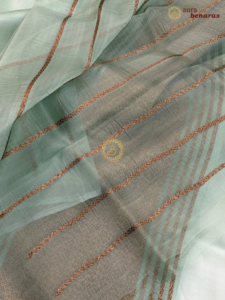 Sage Green Kora Silk Banarasi Saree with Antique Zari Bird Border