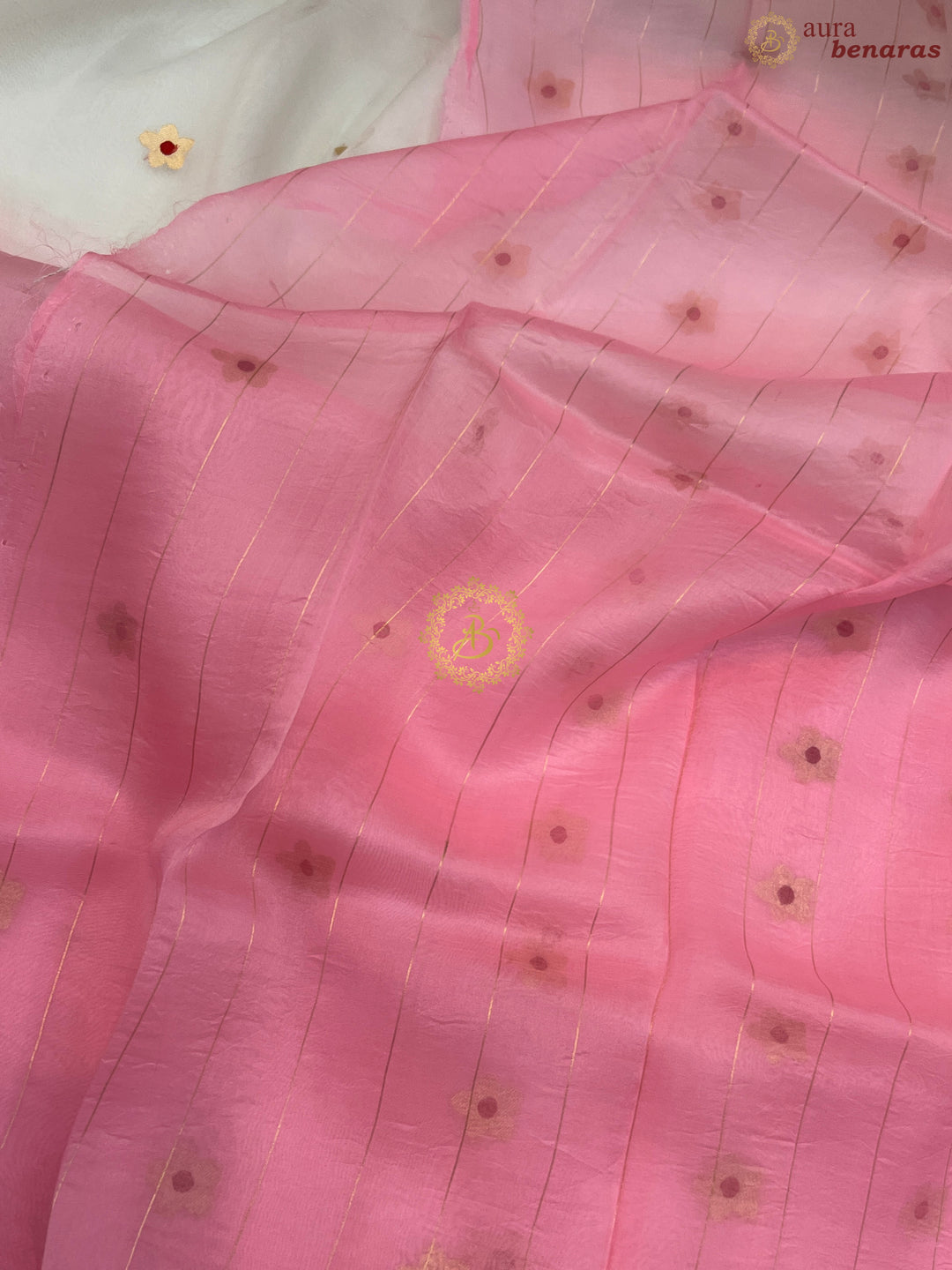 Off White and Pink Shaded Pure Kora Silk Handloom Banarasi Saree