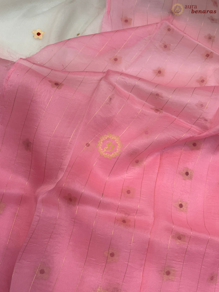 Off White and Pink Shaded Pure Kora Silk Handloom Banarasi Saree