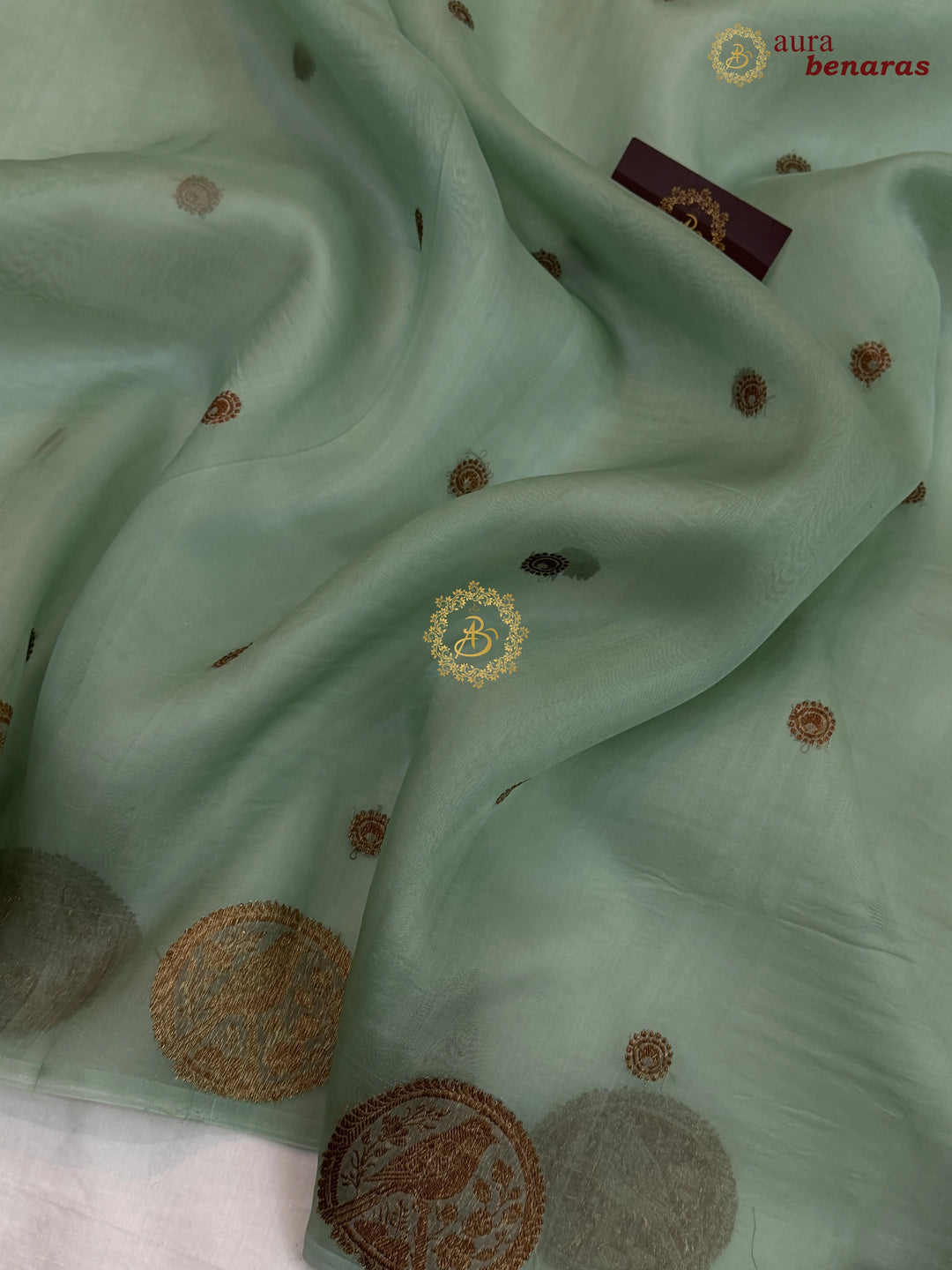 Sage Green Kora Silk Banarasi Saree with Antique Zari Bird Border