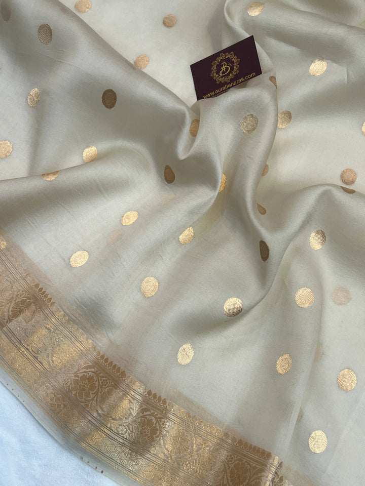 Ash Grey Banarasi Handloom Kora Silk Saree