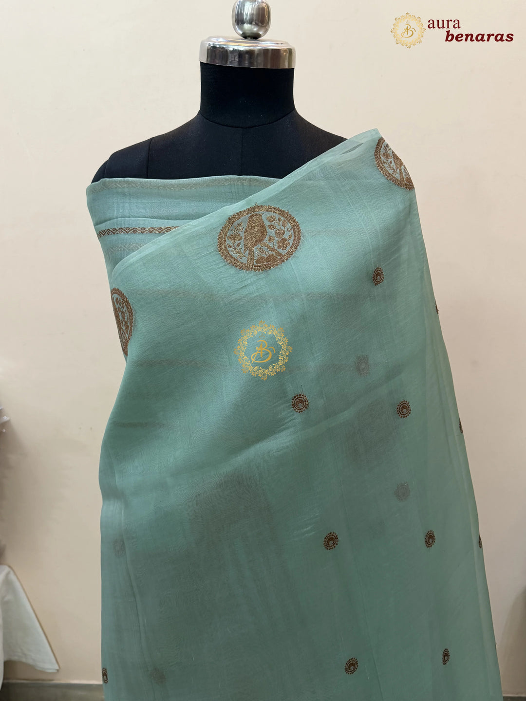 Sage Green Kora Silk Banarasi Saree with Antique Zari Bird Border