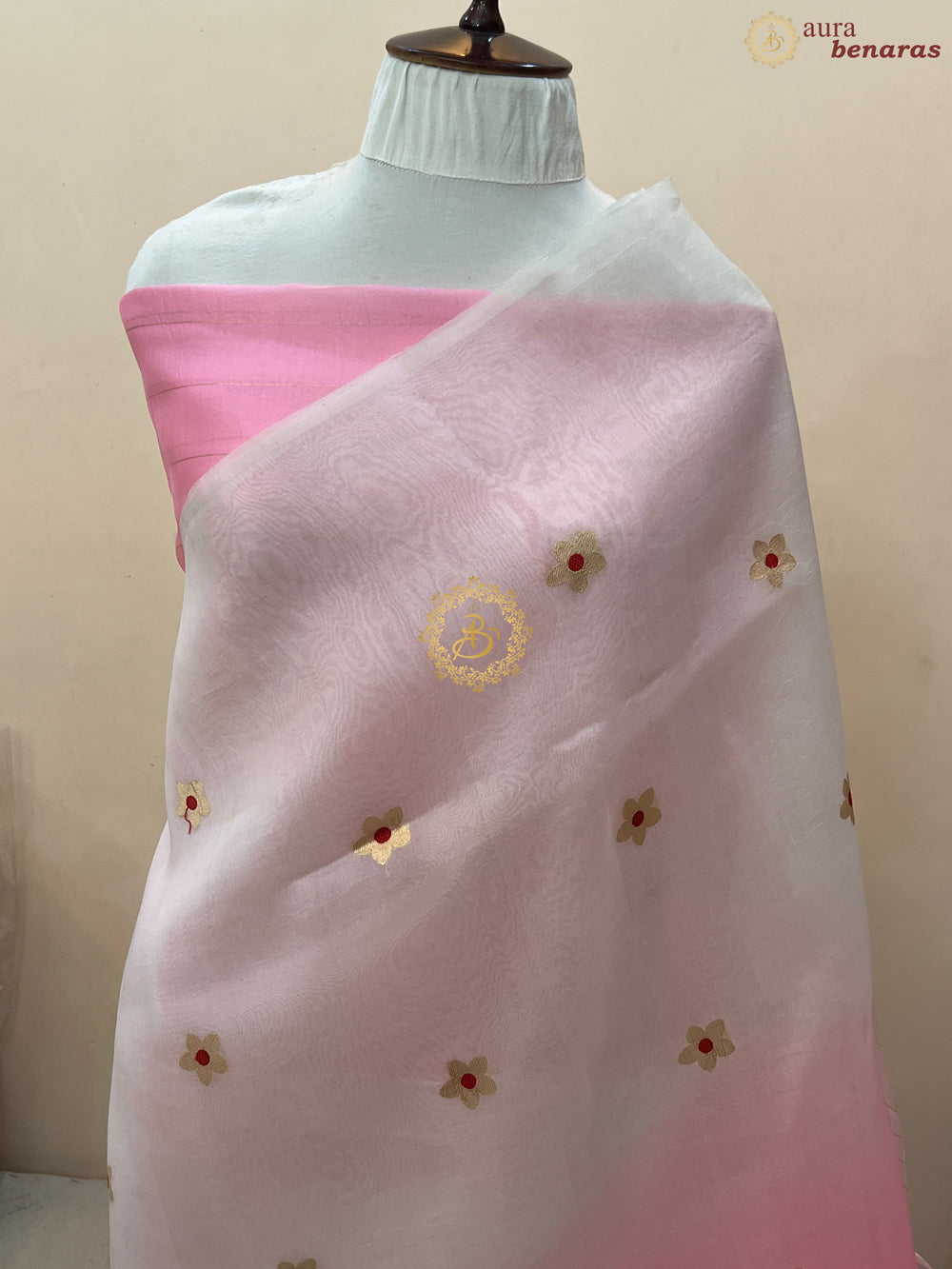 Off White and Pink Shaded Pure Kora Silk Handloom Banarasi Saree
