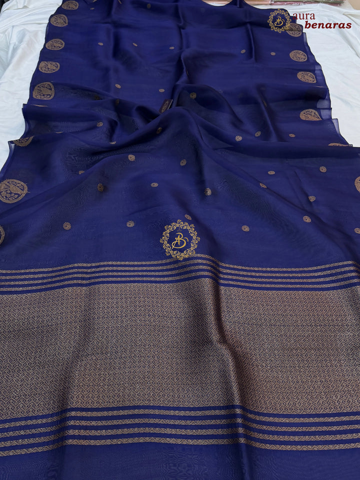 Navy Blue Kora Silk Banarasi Saree with Antique Zari Bird Border