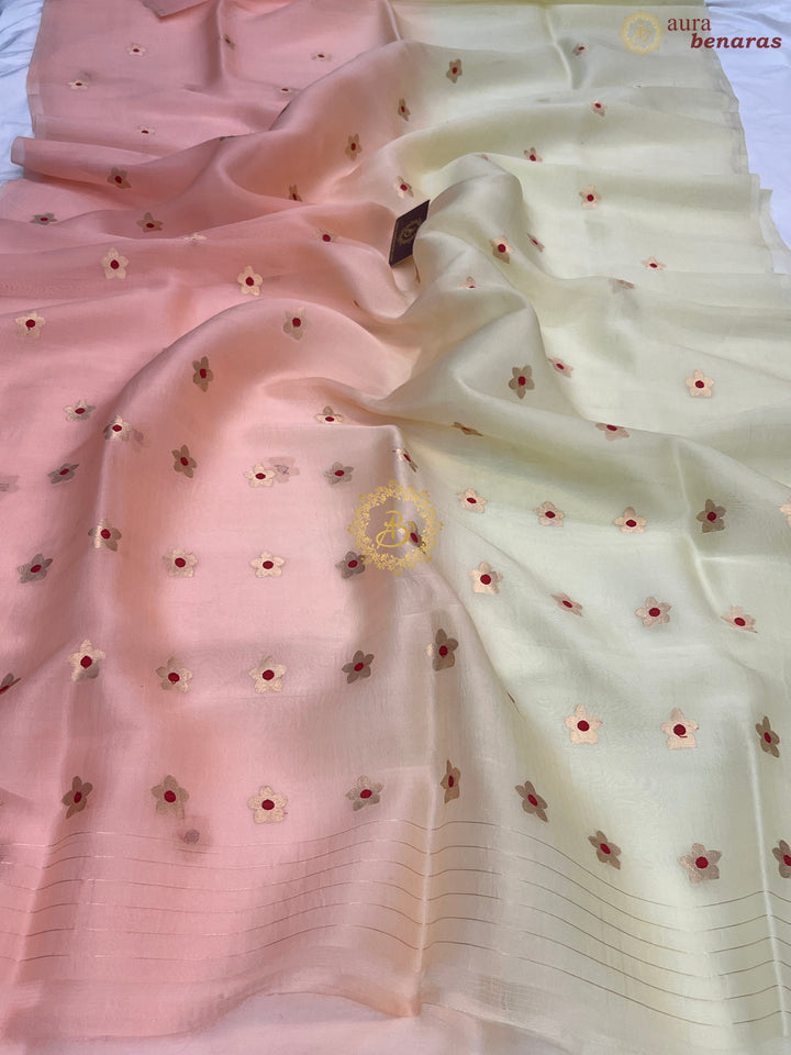 Pale Yellow and Peach Shaded Pure Kora Silk Handloom Banarasi Saree