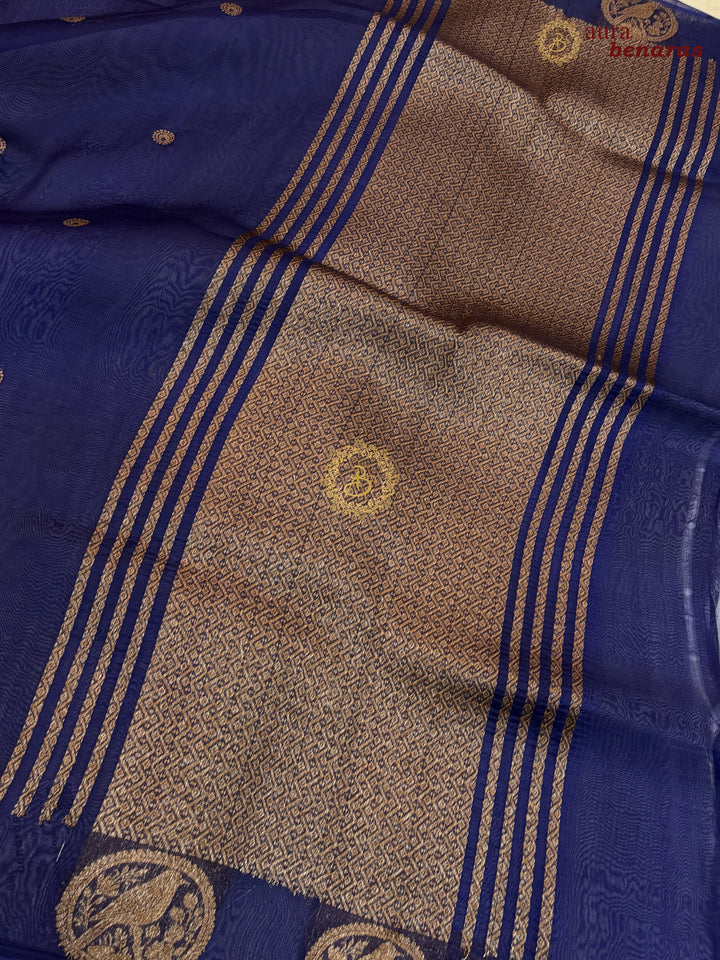 Navy Blue Kora Silk Banarasi Saree with Antique Zari Bird Border