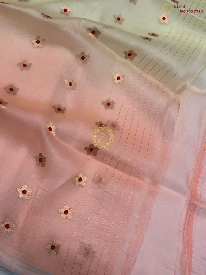 Pale Yellow and Peach Shaded Pure Kora Silk Handloom Banarasi Saree