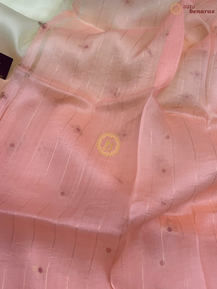 Pale Yellow and Peach Shaded Pure Kora Silk Handloom Banarasi Saree