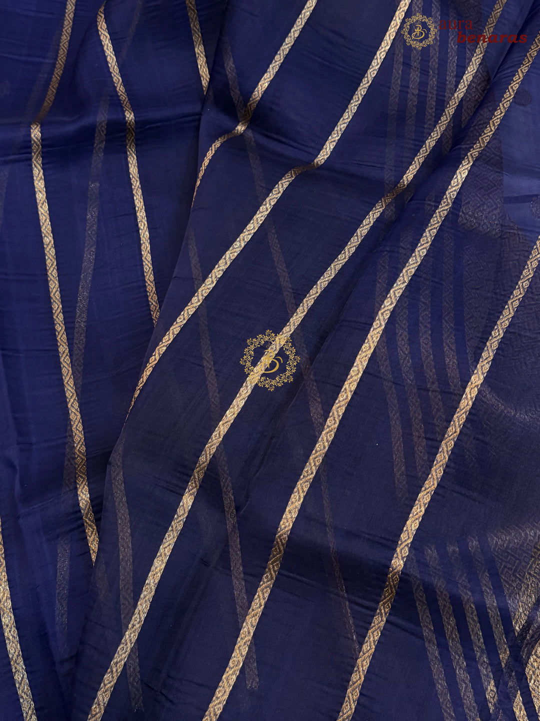 Navy Blue Kora Silk Banarasi Saree with Antique Zari Bird Border