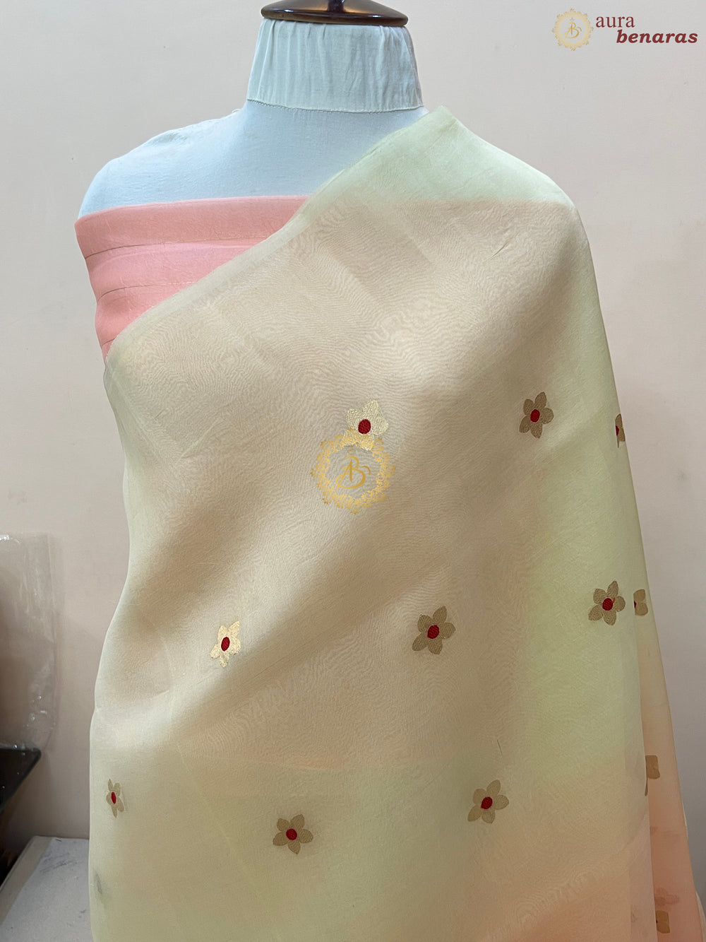 Pale Yellow and Peach Shaded Pure Kora Silk Handloom Banarasi Saree