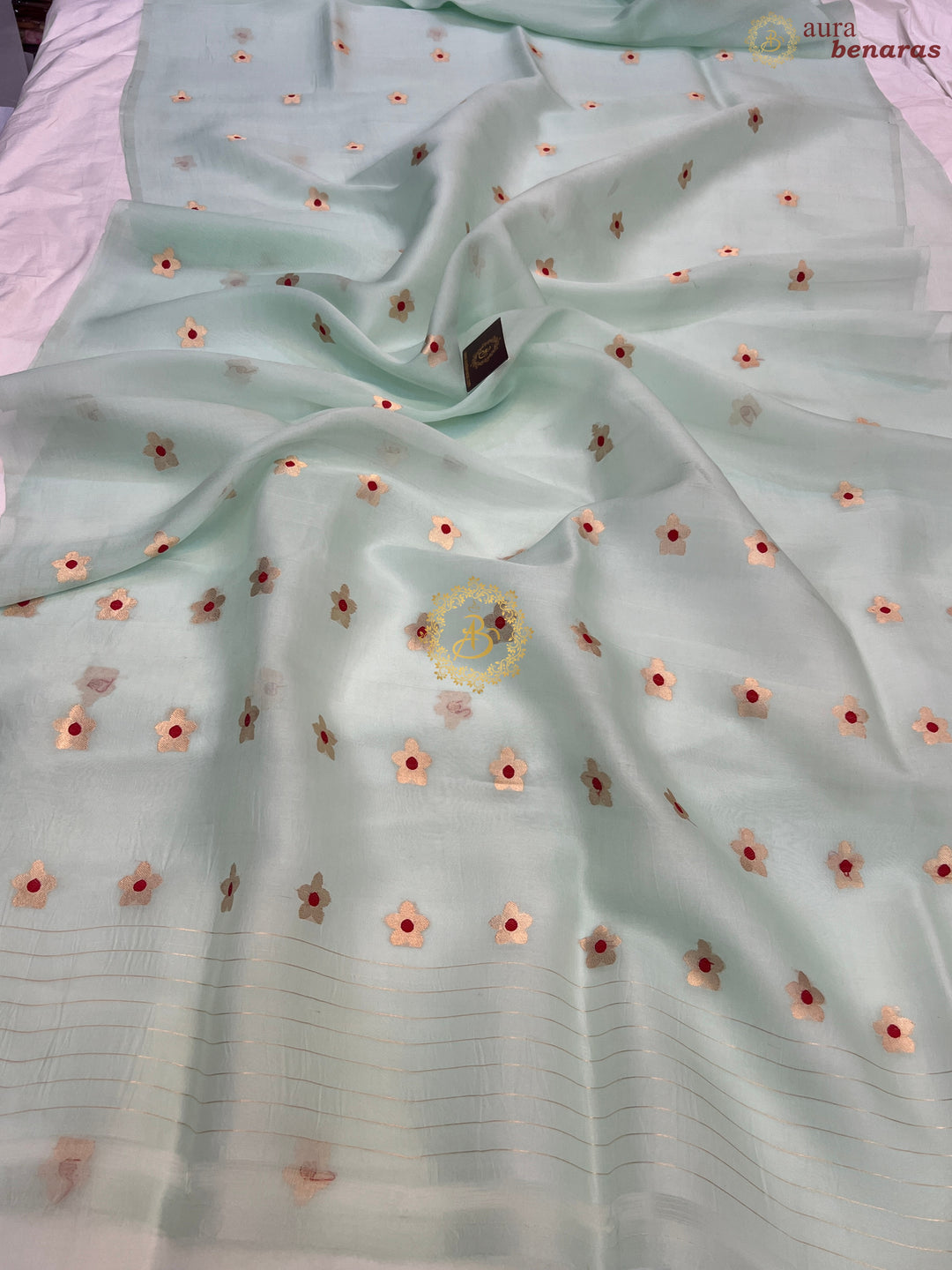 Pastel Mint Green Pure Kora Silk Handloom Banarasi Saree