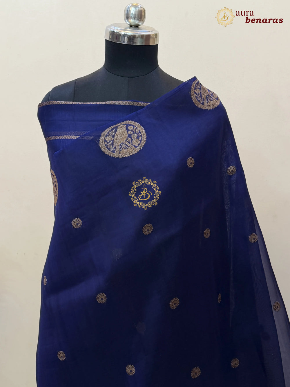 Navy Blue Kora Silk Banarasi Saree with Antique Zari Bird Border