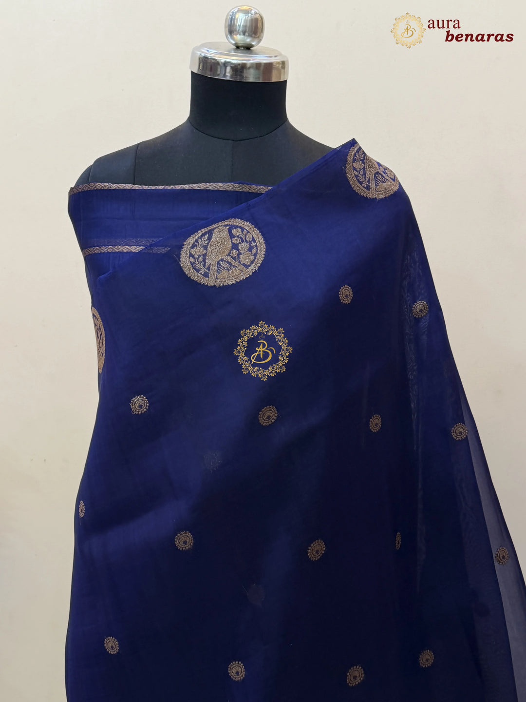 Navy Blue Kora Silk Banarasi Saree with Antique Zari Bird Border