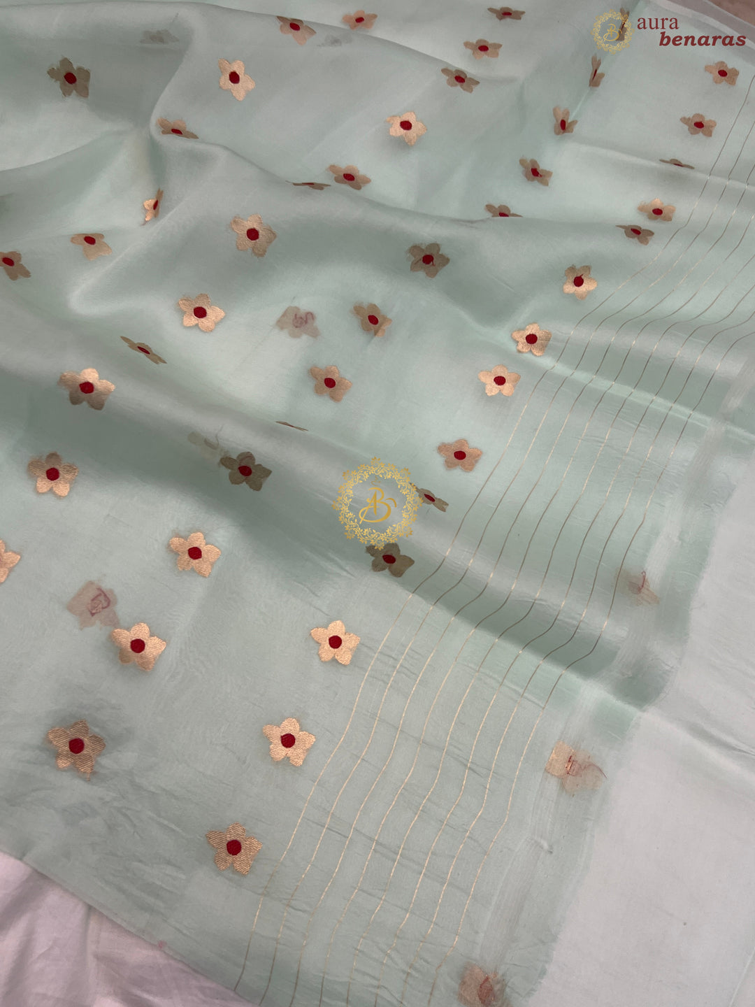 Pastel Mint Green Pure Kora Silk Handloom Banarasi Saree
