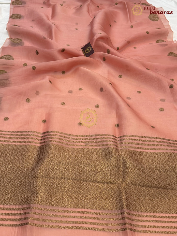 Old Rose Kora Silk Banarasi Saree with Antique Zari Bird Border