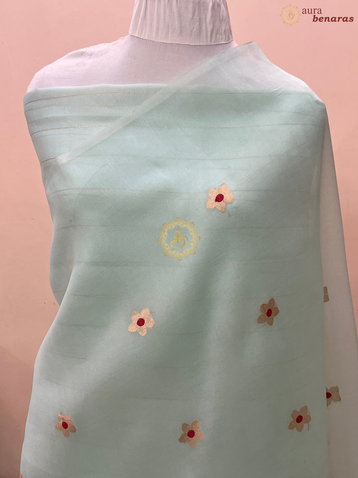 Pastel Mint Green Pure Kora Silk Handloom Banarasi Saree