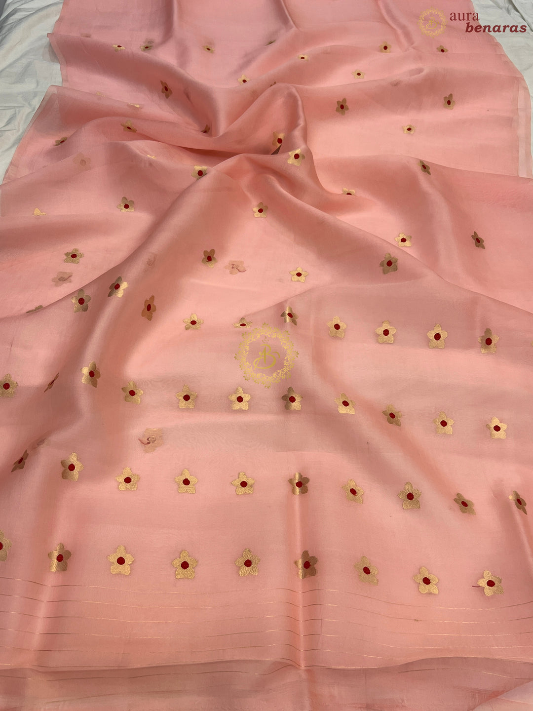 Pastel Peach Pure Kora Silk Handloom Banarasi Saree