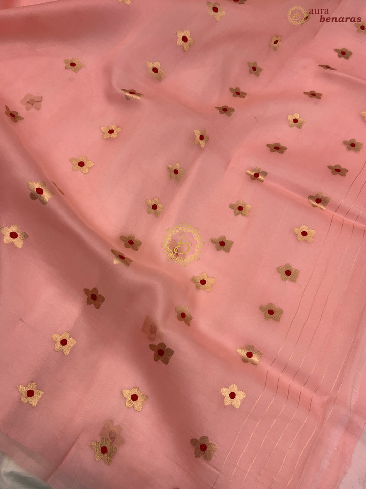 Pastel Peach Pure Kora Silk Handloom Banarasi Saree
