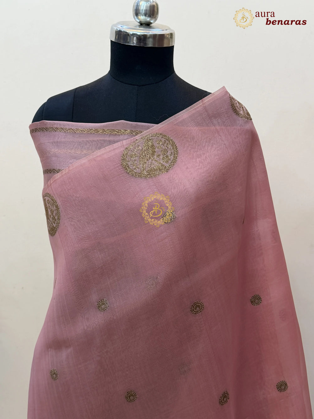 Old Rose Kora Silk Banarasi Saree with Antique Zari Bird Border