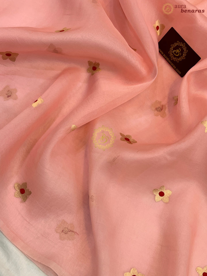 Pastel Peach Pure Kora Silk Handloom Banarasi Saree