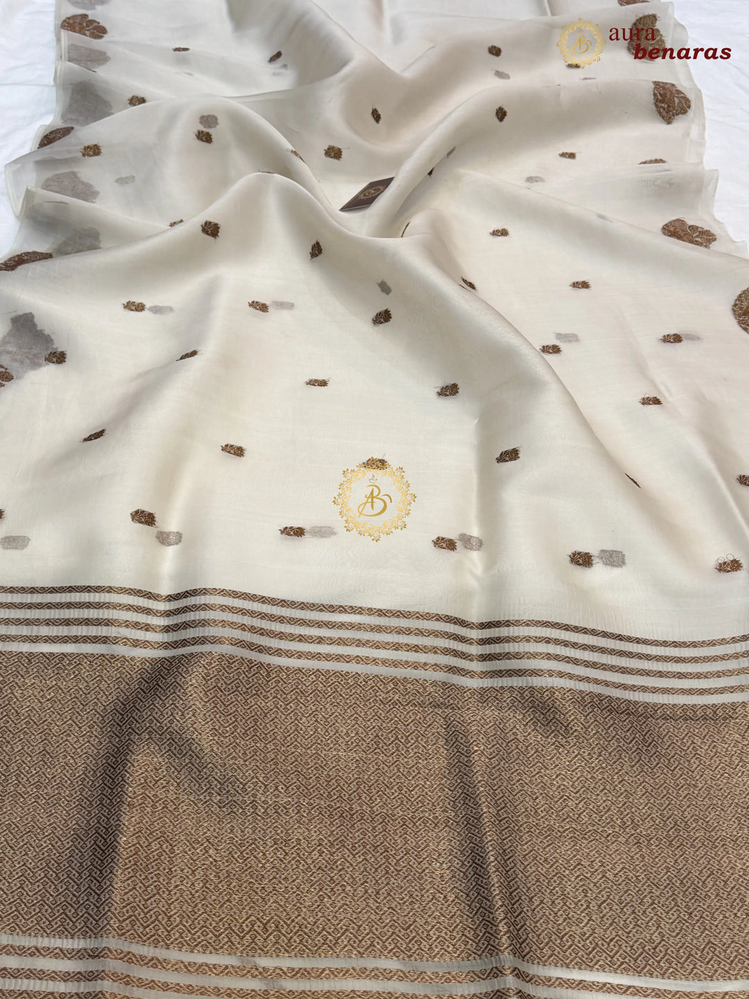 Smokey Grey Kora Silk Banarasi Saree with Antique Zari Elephant Border